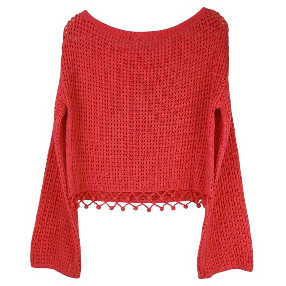 TULAROSA x Revolve SZ XS Pink Open Knit Boat Neck Sweater With Pom Pom Fringe - Picture 4 of 6